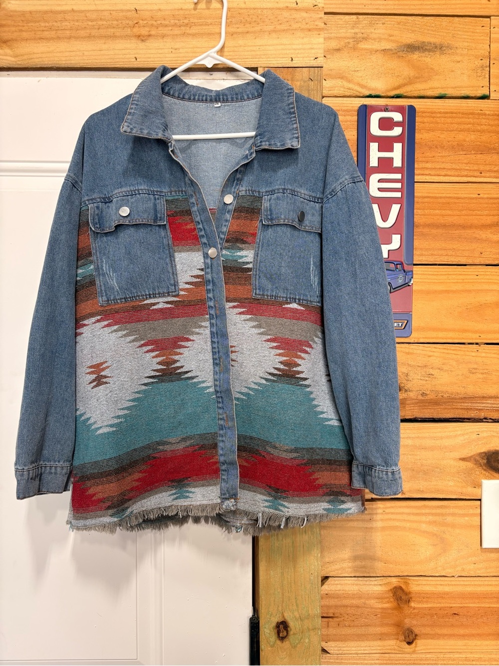 Denim Jacket with Southwestern Aztec Panel - Blue, Teal, Red